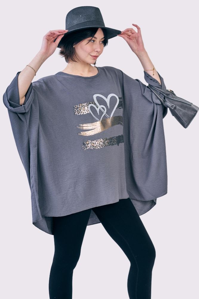 Foil Leopard Heart Print Oversized Top