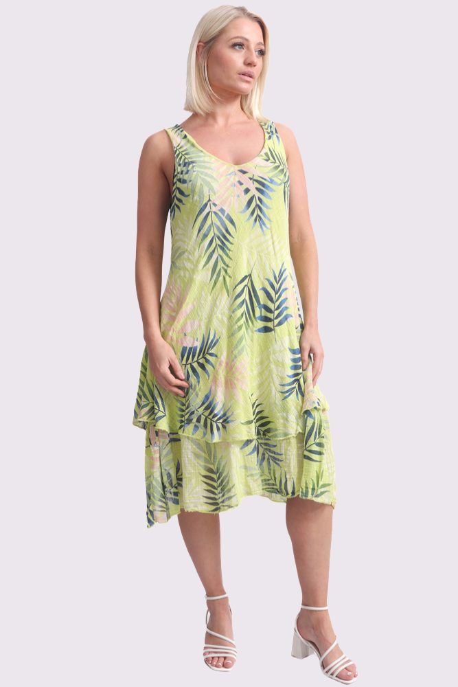 Tropical Leaves Print Layered Hem Cotton Dress