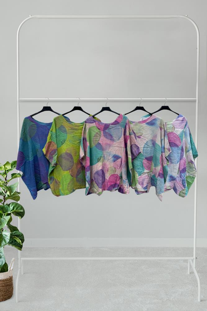 Rainbow Circle Print Linen Top