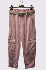 Plain Belted Waistband Pockets Cargo Trousers