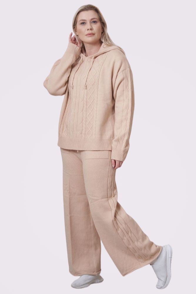 Cable Knit Pattern Hoodie Wide Leg Knit Co-Ord