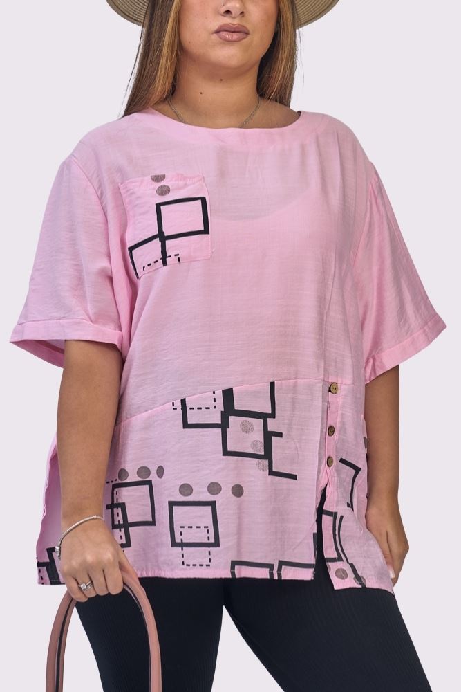 Abstract Print Panelled Button Detail Pocket Cotton Top