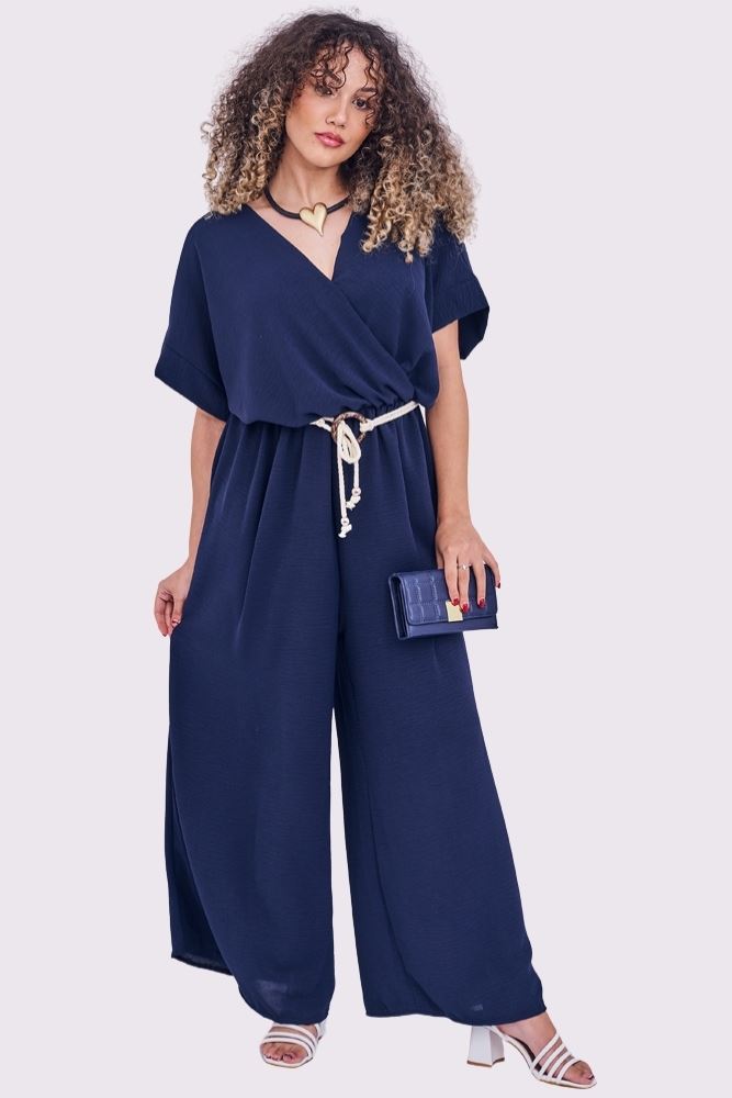 Plain Wrapover Belted Jumpsuit