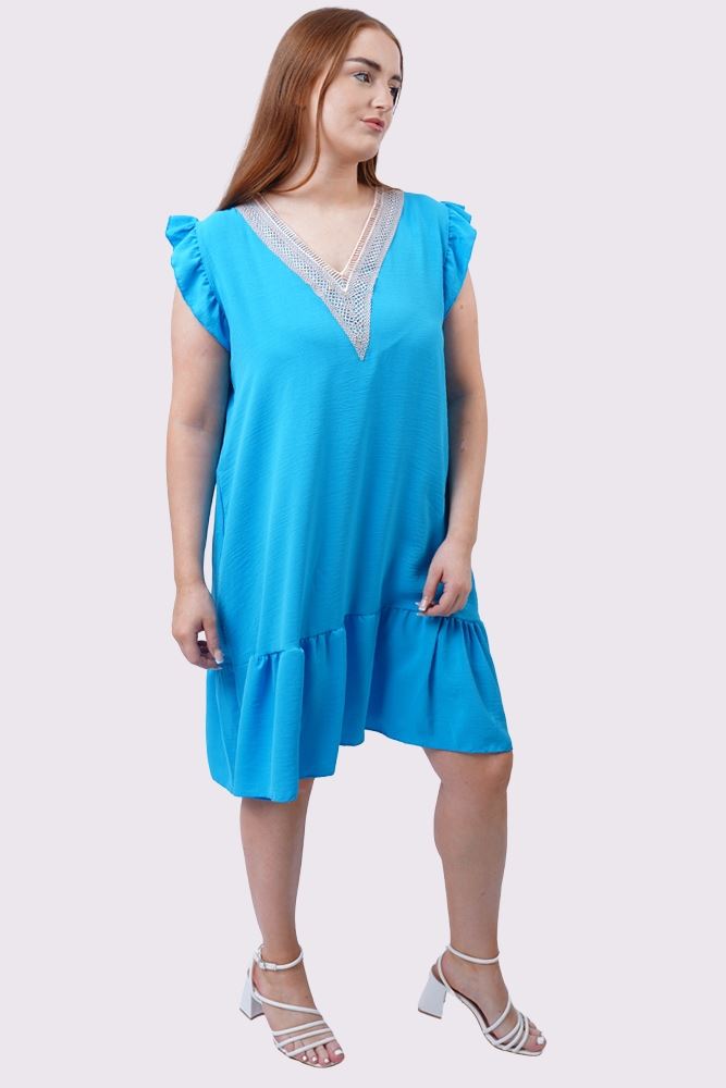 Plain Embroidered Neck Flared Hem Dress