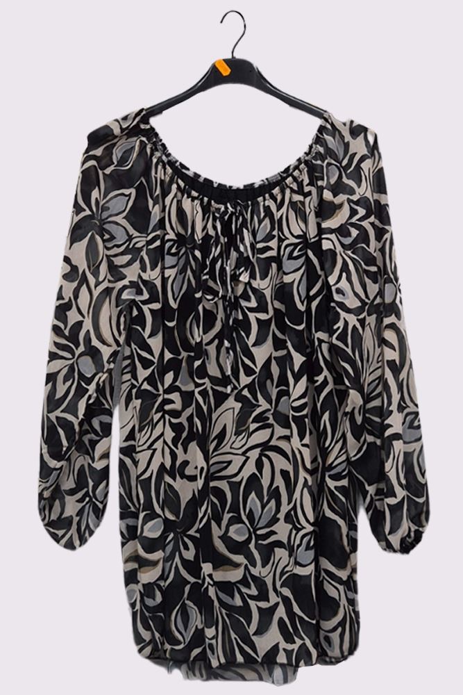 Flower Print Drawstring Neck Tunic Top