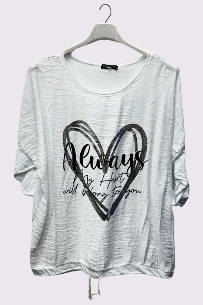 Alphabet Heart Print Drawstring Hem Cotton Top