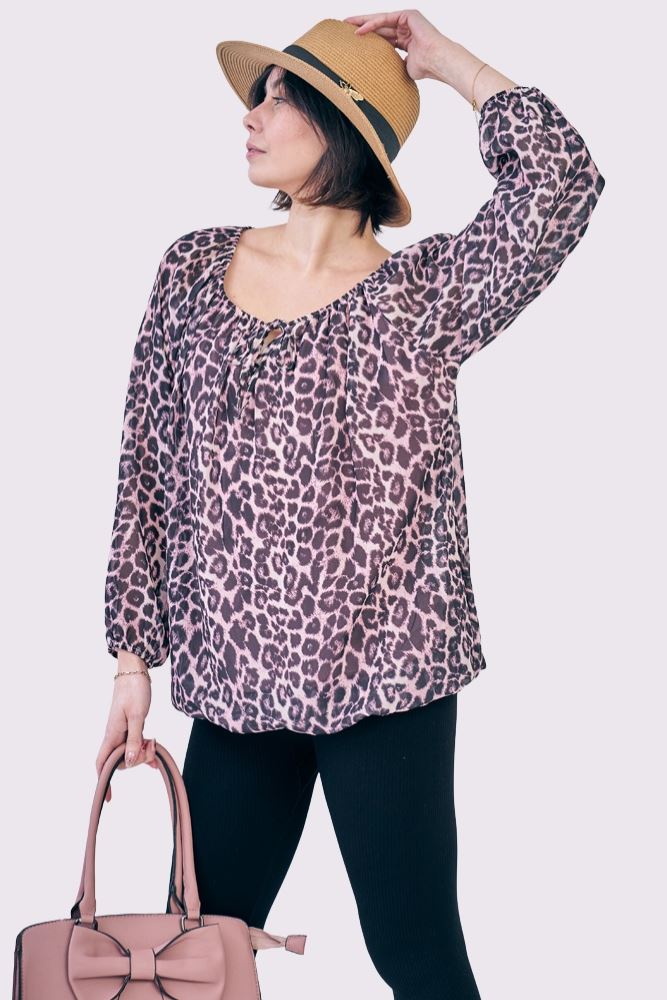 Leopard Print Oversized Drawstring Neckline Top