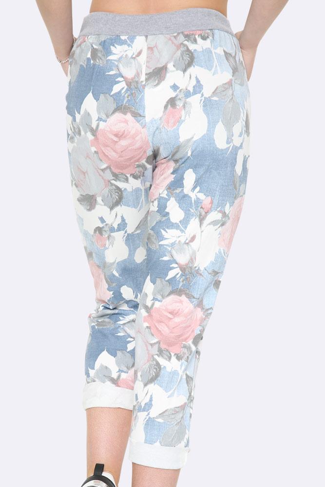 Italian Drawstring Waist Denim Floral Print Trousers