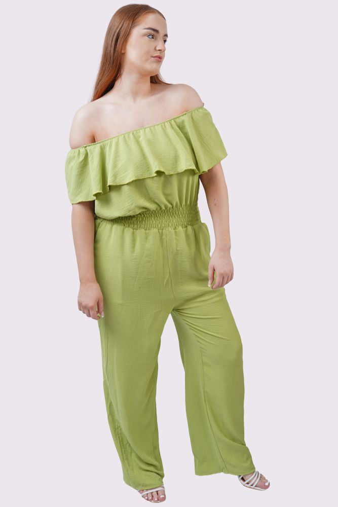 Plain Ruffle Trim Shirred Waist Jumpsuit