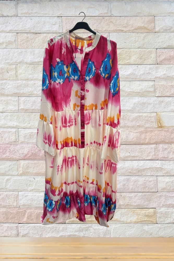 Tie Dye Print Button Up Tiered Flared Dress