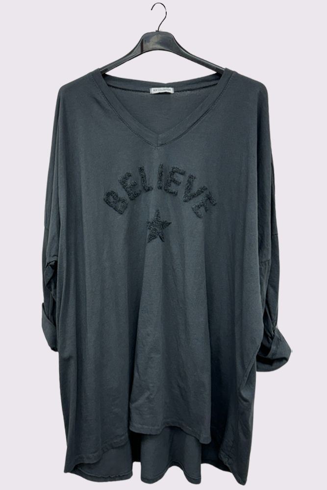 Believe' Star Embroidered Long-Sleeve Top