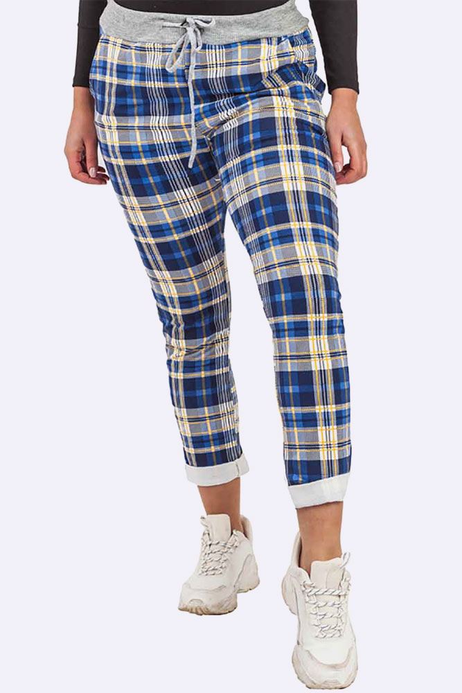 Cotton Tartan Print Foldover Hem Trouser