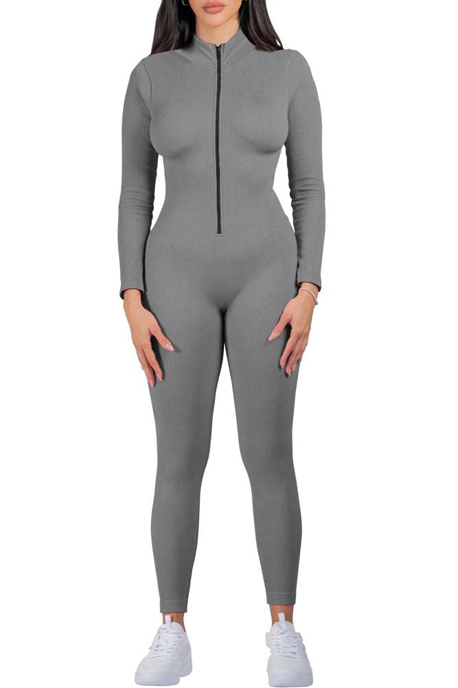 Plain Ribbed Zip Up Seamless Nylon Jumpsuit