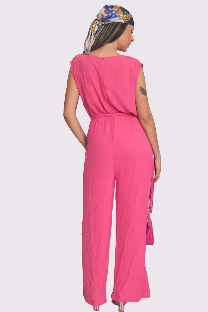 Plain Belted Pockets Wide Leg Jumpsuit