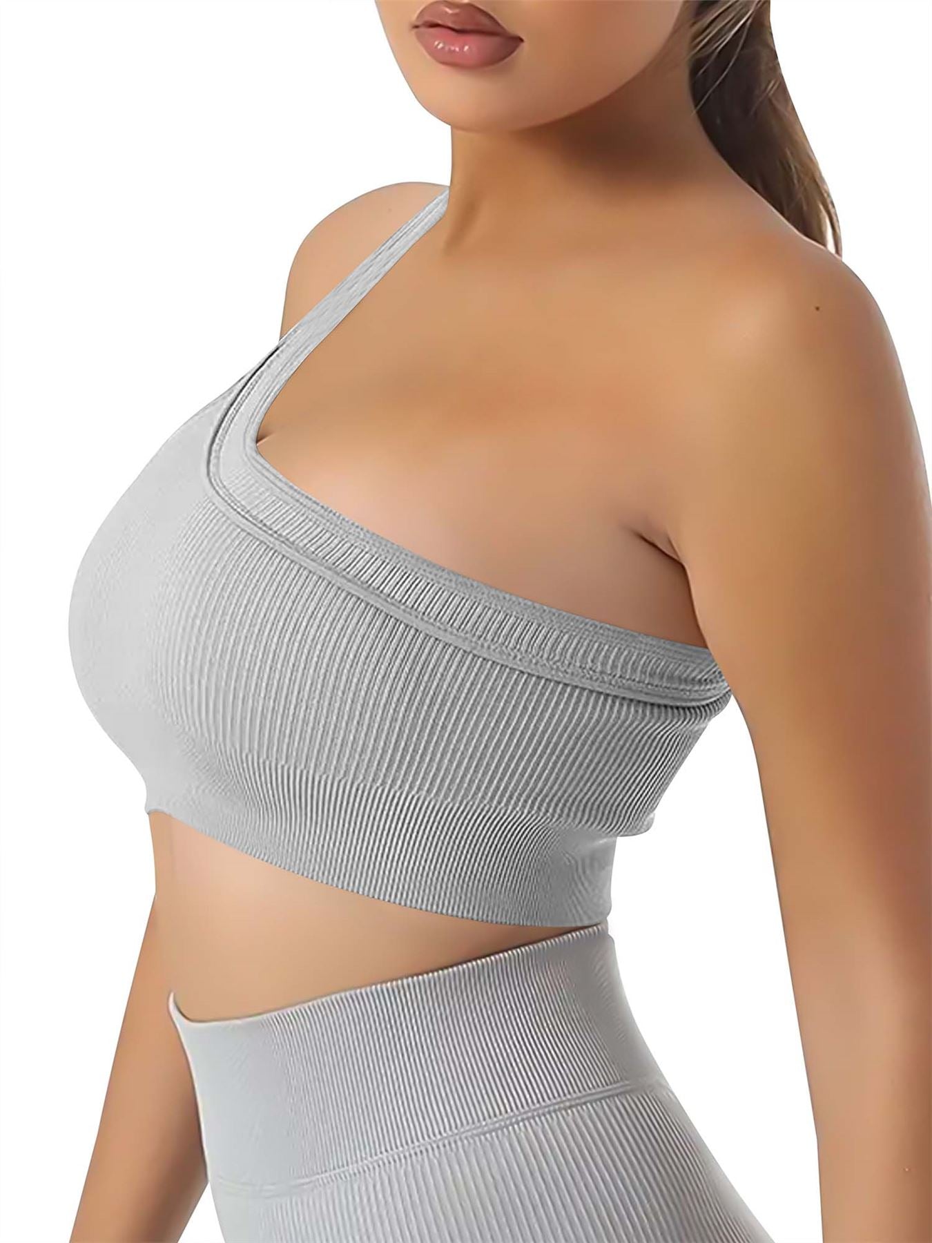 Plain One Shoulder Seamless Ribbed Nylon Bra