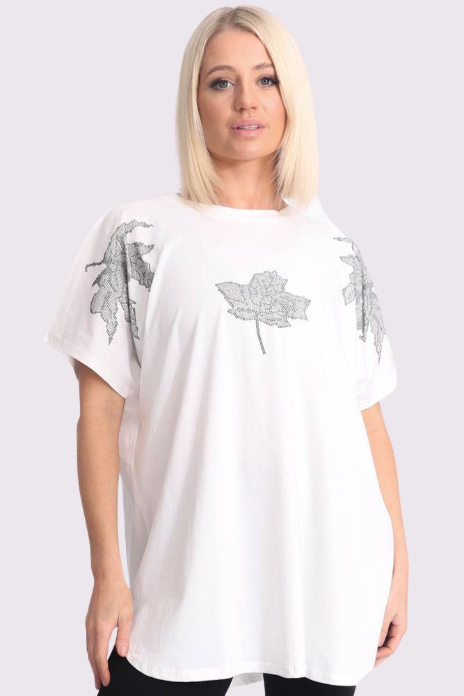 Diamante Leaf Pattern Side Slit Cotton Top