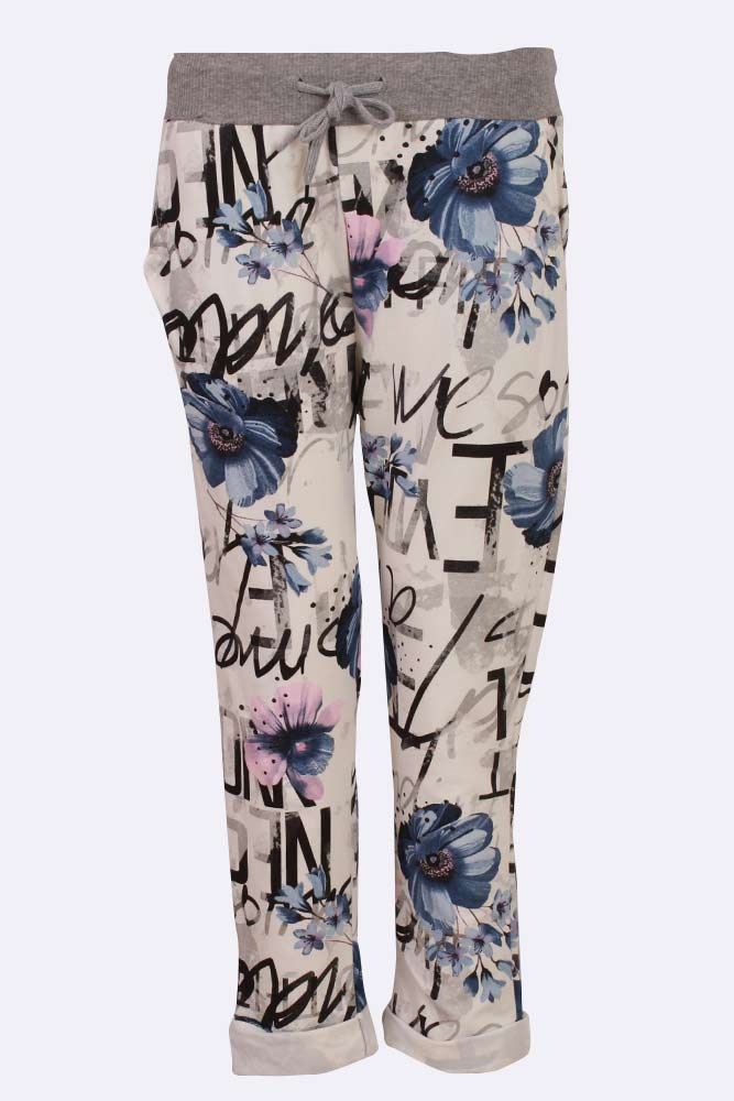 Cotton Floral Printed Drawstring Foldover Hem Trouser