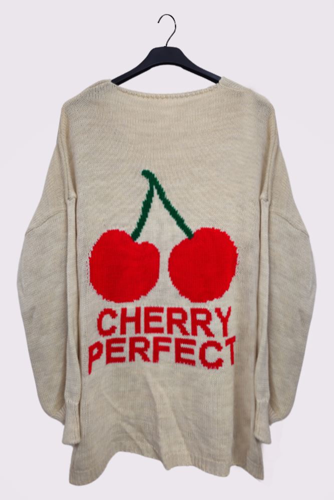 Cherry Perfect Slogan Cherry Pattern Knit Cuffed Sleeve Jumper