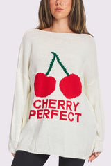 Cherry Perfect Slogan Cherry Pattern Knit Cuffed Sleeve Jumper