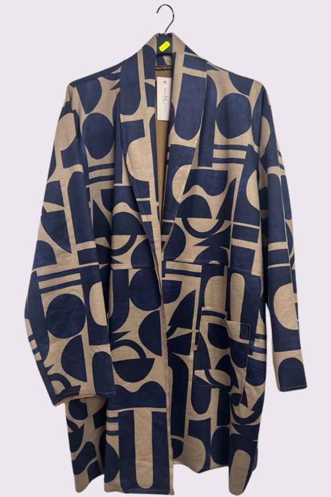 Geometric Print Faux Suede Pockets Oversized Jacket