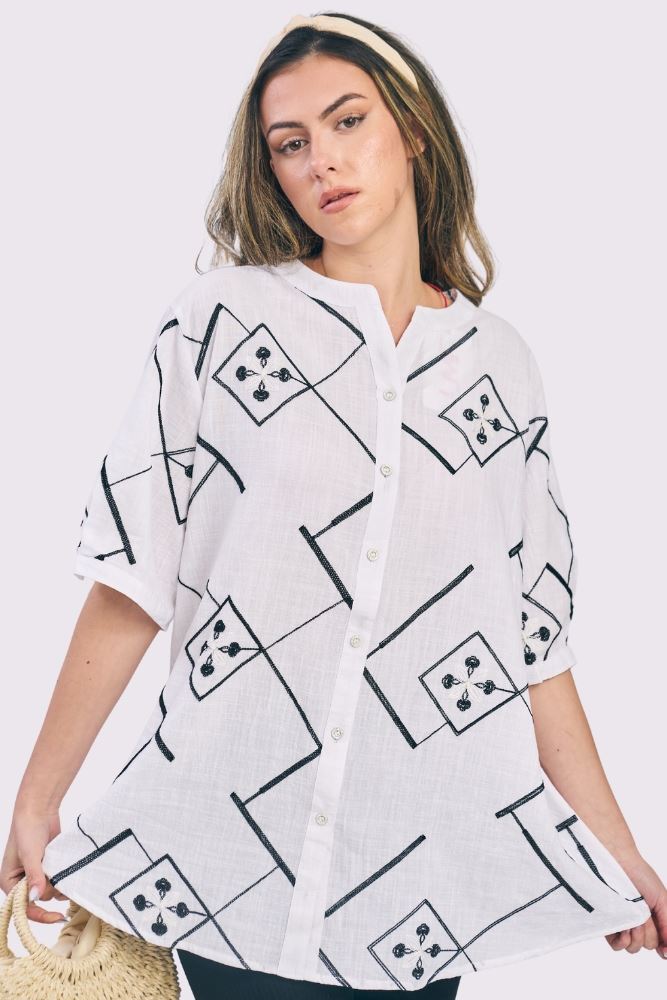 Aztec Print DipHem Button Up Cotton Shirt