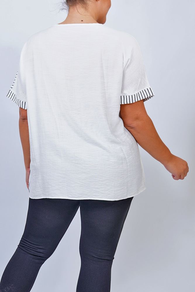 Stripe Print Side Button Detail Cotton Top