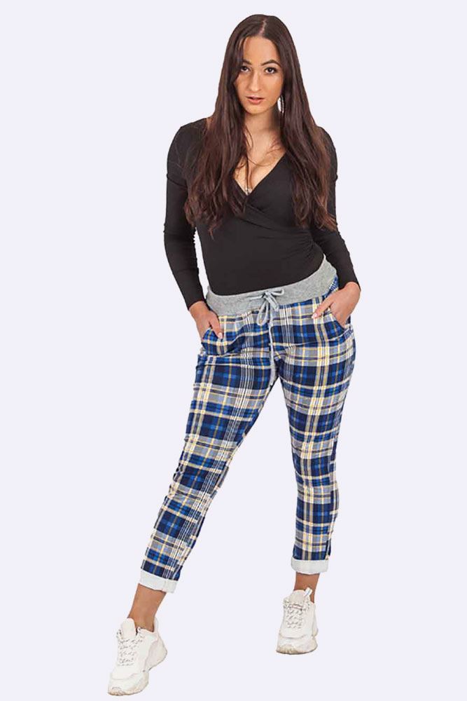 Cotton Tartan Print Foldover Hem Trouser