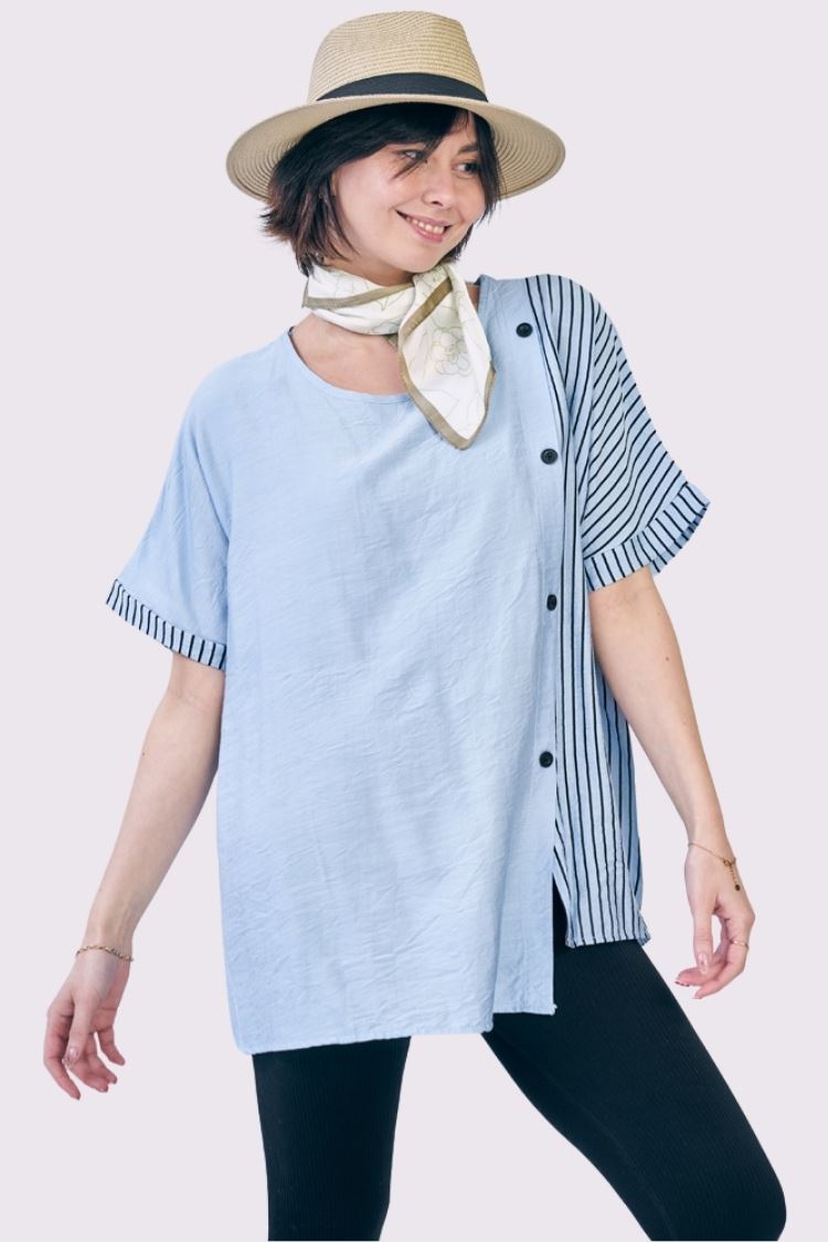 Stripe Print Side Button Detail Cotton Top