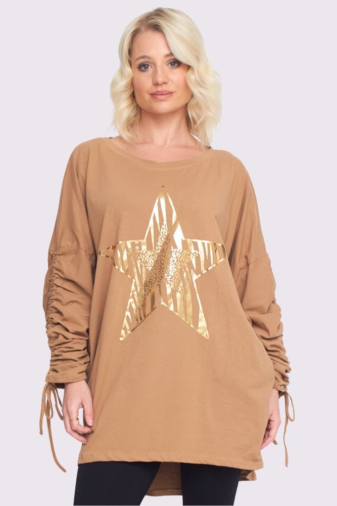 Foil Star Pattern Ruched Sleeve DipHem Oversized Cotton Top