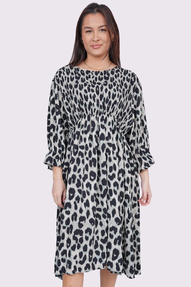 Leopard Print Shirred Dress