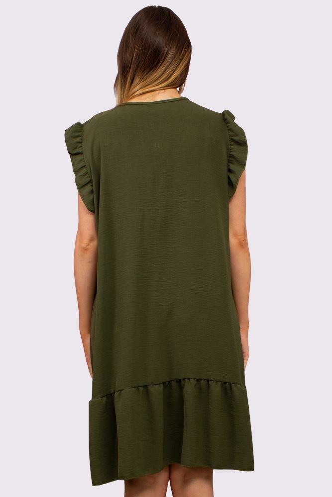 Plain Embroidered Neck Flared Hem Dress