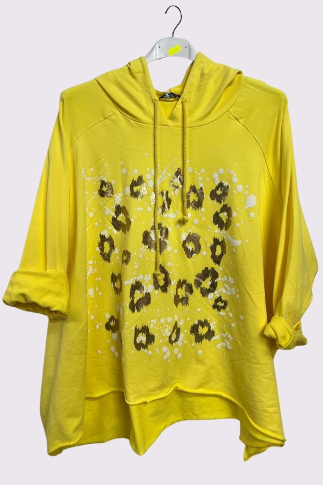 Leopard Foil Splash Print String Hoody High Low Hem Cotton Hoodie