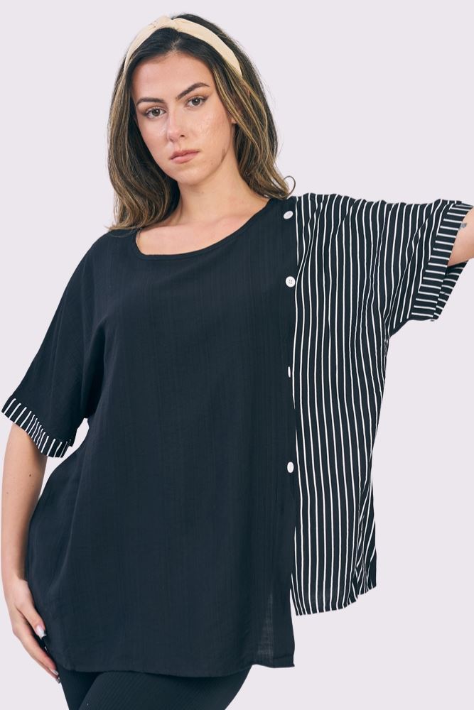 Stripe Print Side Button Detail Cotton Top