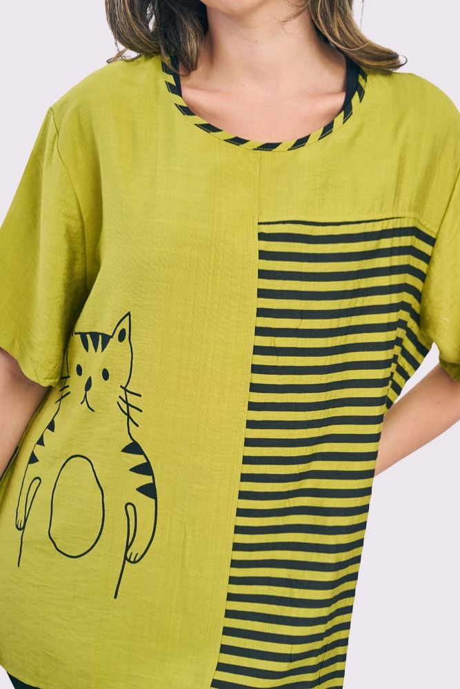 Stripe Colour Block Cat Print Cotton Top