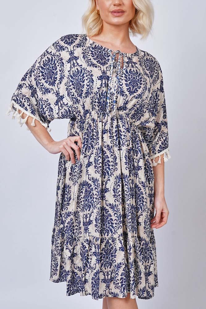 Tassel Lace Sleeve Hem Damask Print Dress
