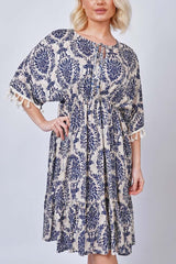 Damask Print Tassel Lace Sleeve Hem Dress