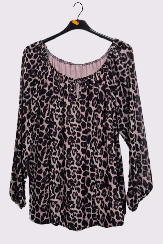 Leopard Print Oversized Drawstring Neckline Top