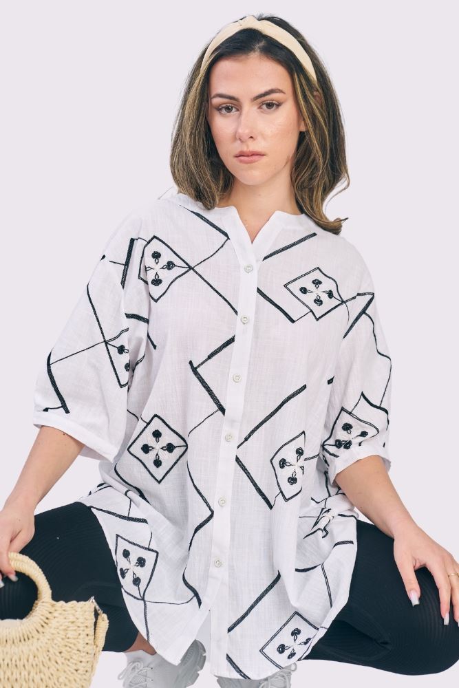 Aztec Print DipHem Button Up Cotton Shirt