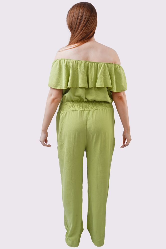 Plain Ruffle Trim Shirred Waist Jumpsuit