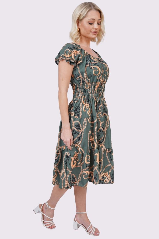 Baroque Chain Print Front Button Dress