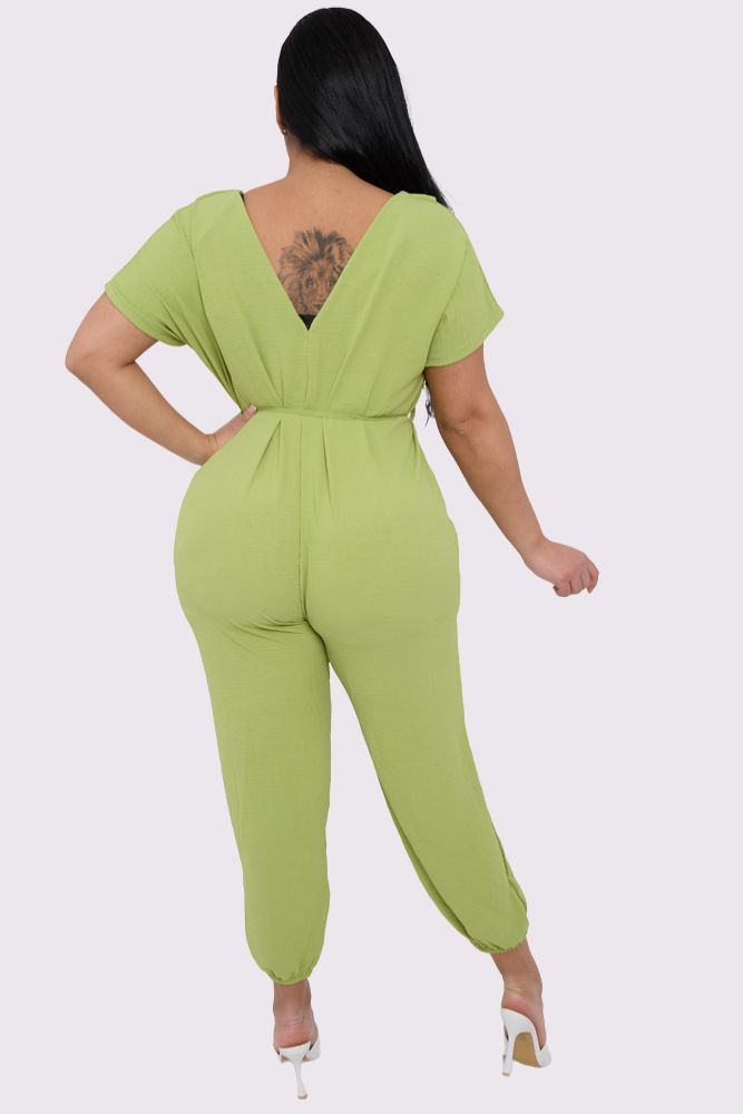 Plain Ruffle Front Drawstring Waist Jumpsuit