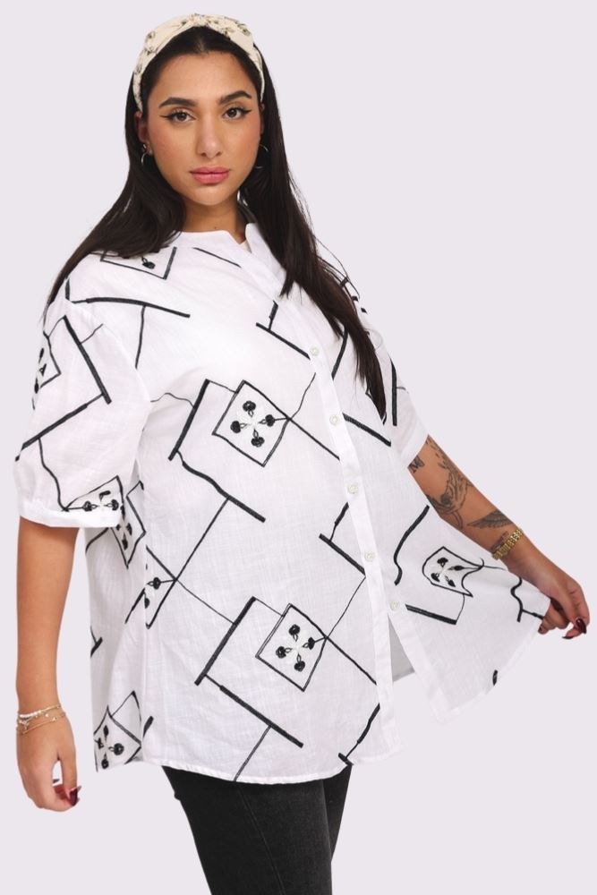 Aztec Print DipHem Button Up Cotton Shirt