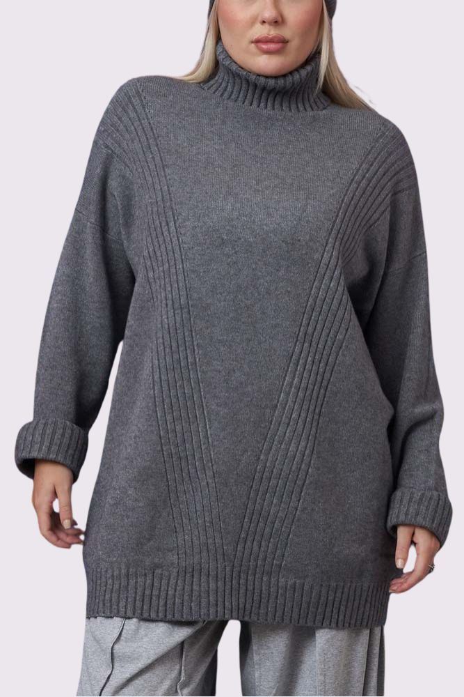 Ribbed Stripe Pattern Cowl Neck Tunic Jumper