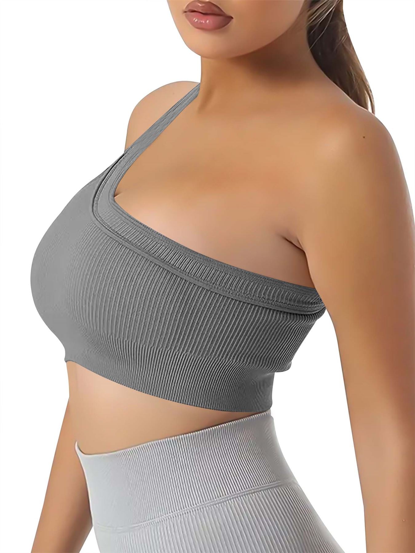 Plain One Shoulder Seamless Ribbed Nylon Bra