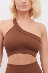 Plain One Shoulder Seamless Ribbed Nylon Bra