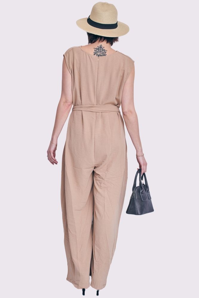 Plain Belted Pockets Wide Leg Jumpsuit