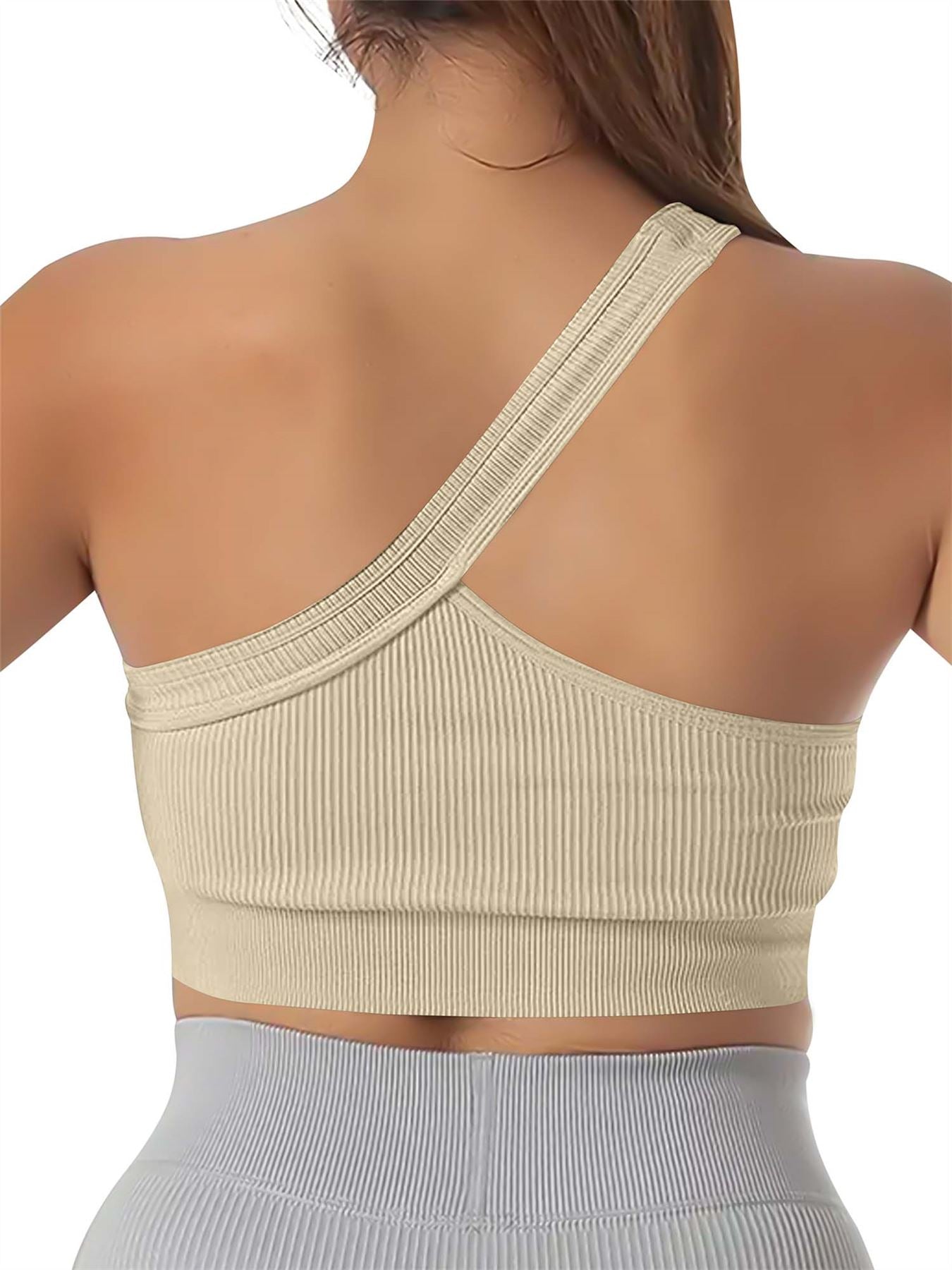 Plain One Shoulder Seamless Ribbed Nylon Bra