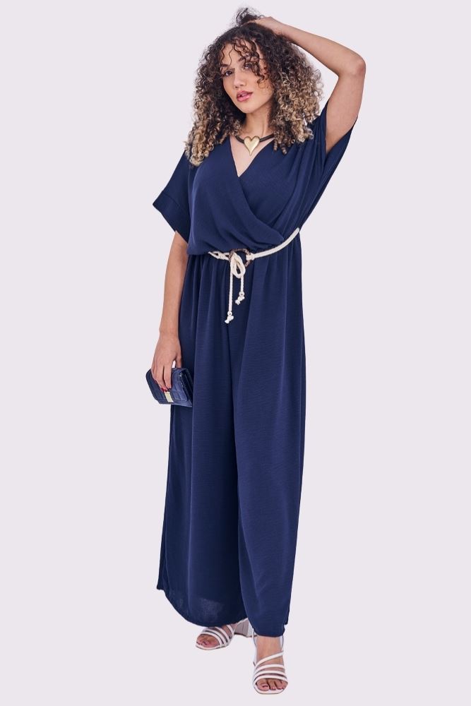 Plain Wrapover Belted Jumpsuit