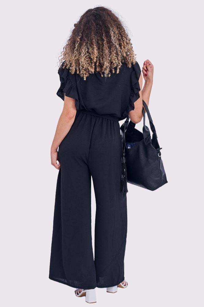 Plain Ruffle Sleeve Wrapover Belted Jumpsuit