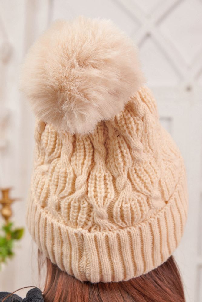 Beanie Cable Knit Pattern Fur PomPom Acrylic Hat